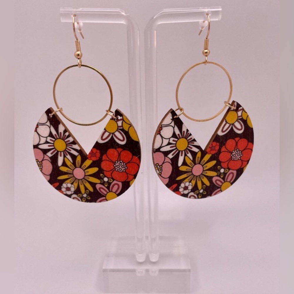 Floral Hoop Drop Earrings in Red, Yellow & Pink